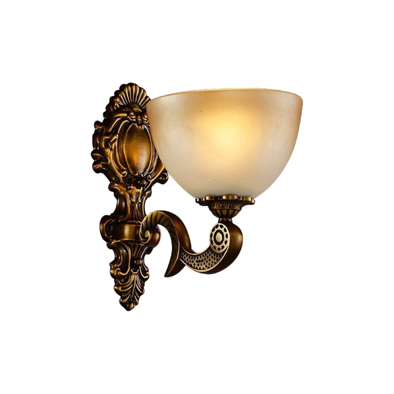 Frosted Glass Bowl Wall Sconce Light Rural 1 Light Bedroom Wall Lighting in Brass with Carved Backplate Clearhalo 'Wall Lamps & Sconces' 'Wall Lights' Lighting' 1688413