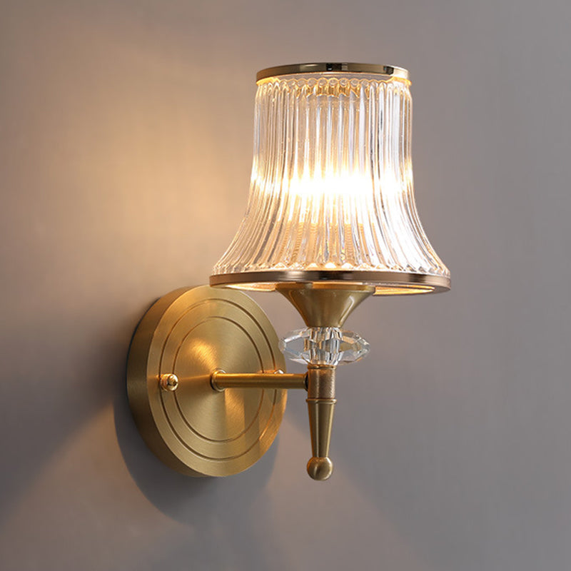 Conic Clear Ribbed Glass Wall Light Fixture Classic 1/2-Bulb Living Room Wall Sconce in Brass with Crystal Accent Clearhalo 'Wall Lamps & Sconces' 'Wall Lights' Lighting' 1688416