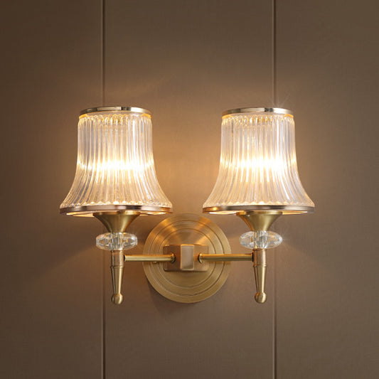 Conic Clear Ribbed Glass Wall Light Fixture Classic 1/2-Bulb Living Room Wall Sconce in Brass with Crystal Accent Clearhalo 'Wall Lamps & Sconces' 'Wall Lights' Lighting' 1688421