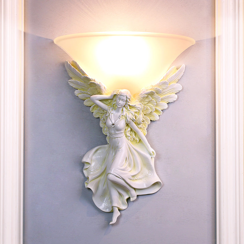 Frosted Glass Bell Shade Wall Lighting Traditional 1 Bulb Corridor Wall Light Sconce with Resin White/Gold Angel Backplate, Right/Left White Right Clearhalo 'Wall Lamps & Sconces' 'Wall Lights' Lighting' 1688428