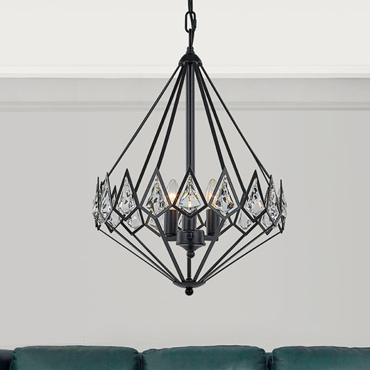 Modern Diamond Suspension Pendant Metallic 3 Heads Parlor Hanging Chandelier with Crystal Encrusted in Black Black Clearhalo 'Ceiling Lights' 'Chandeliers' 'Modern Chandeliers' 'Modern' Lighting' 1688455