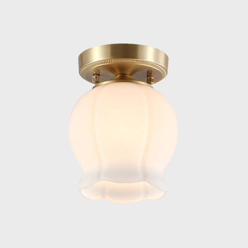 Antique Ridged Bud Semi Mounted Lighting 1 Bulb Cream Glass Ceiling Light Fixture in Brass Clearhalo 'Ceiling Lights' 'Close To Ceiling Lights' 'Close to ceiling' 'Glass shade' 'Glass' 'Semi-flushmount' Lighting' 1688493