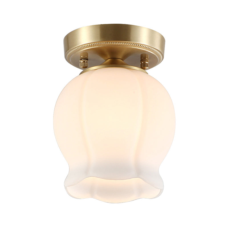 Antique Ridged Bud Semi Mounted Lighting 1 Bulb Cream Glass Ceiling Light Fixture in Brass Clearhalo 'Ceiling Lights' 'Close To Ceiling Lights' 'Close to ceiling' 'Glass shade' 'Glass' 'Semi-flushmount' Lighting' 1688494