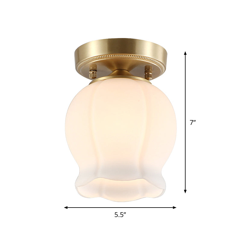 Antique Ridged Bud Semi Mounted Lighting 1 Bulb Cream Glass Ceiling Light Fixture in Brass Clearhalo 'Ceiling Lights' 'Close To Ceiling Lights' 'Close to ceiling' 'Glass shade' 'Glass' 'Semi-flushmount' Lighting' 1688495