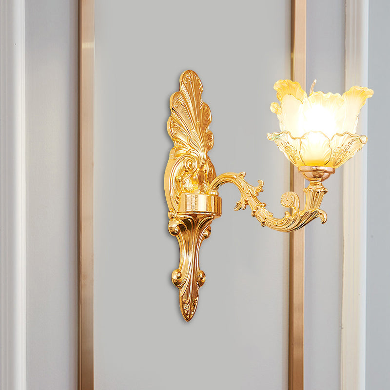 Gold 1/2-Head Wall Sconce Light Traditional Ruffle Glass Flower Wall Mounted Lighting with Curvy Arm 1.0 Gold Clearhalo 'Wall Lamps & Sconces' 'Wall Lights' Lighting' 1688496