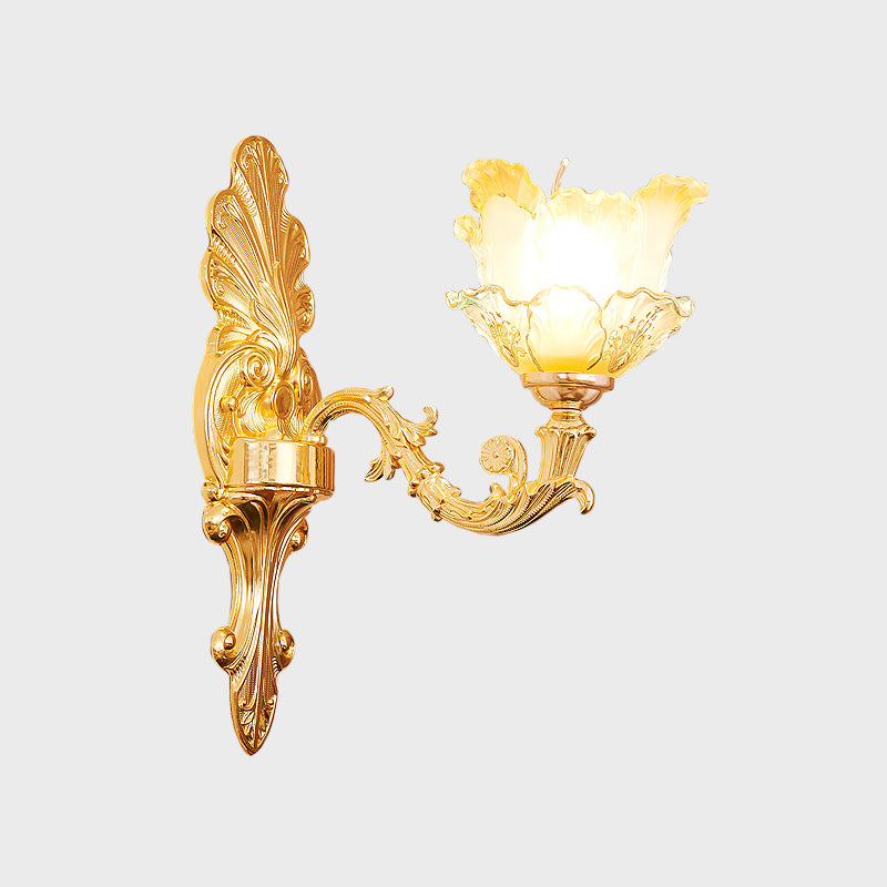 Gold 1/2-Head Wall Sconce Light Traditional Ruffle Glass Flower Wall Mounted Lighting with Curvy Arm Clearhalo 'Wall Lamps & Sconces' 'Wall Lights' Lighting' 1688497