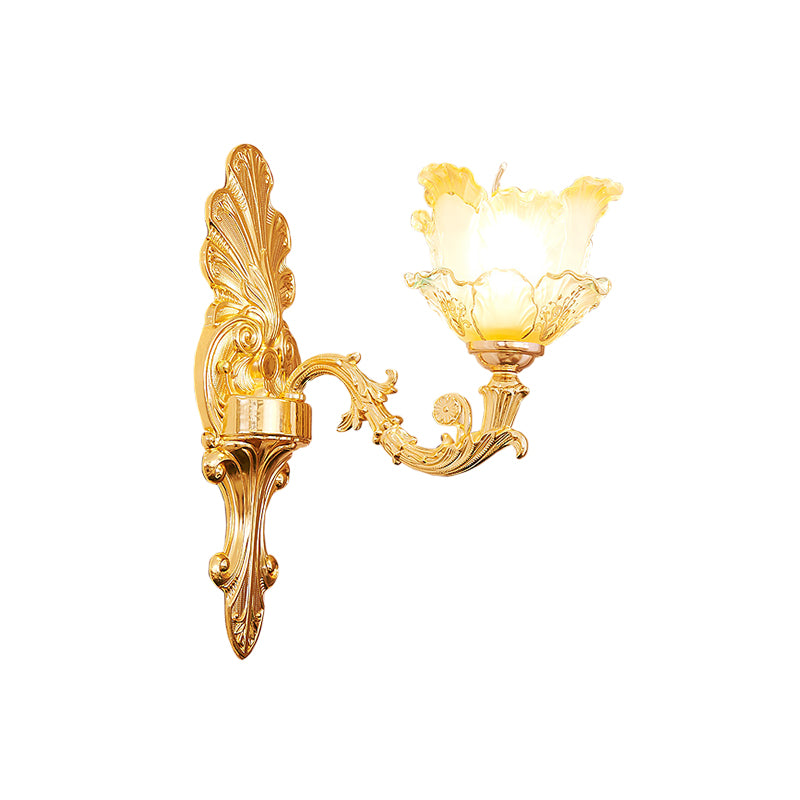 Gold 1/2-Head Wall Sconce Light Traditional Ruffle Glass Flower Wall Mounted Lighting with Curvy Arm Clearhalo 'Wall Lamps & Sconces' 'Wall Lights' Lighting' 1688498