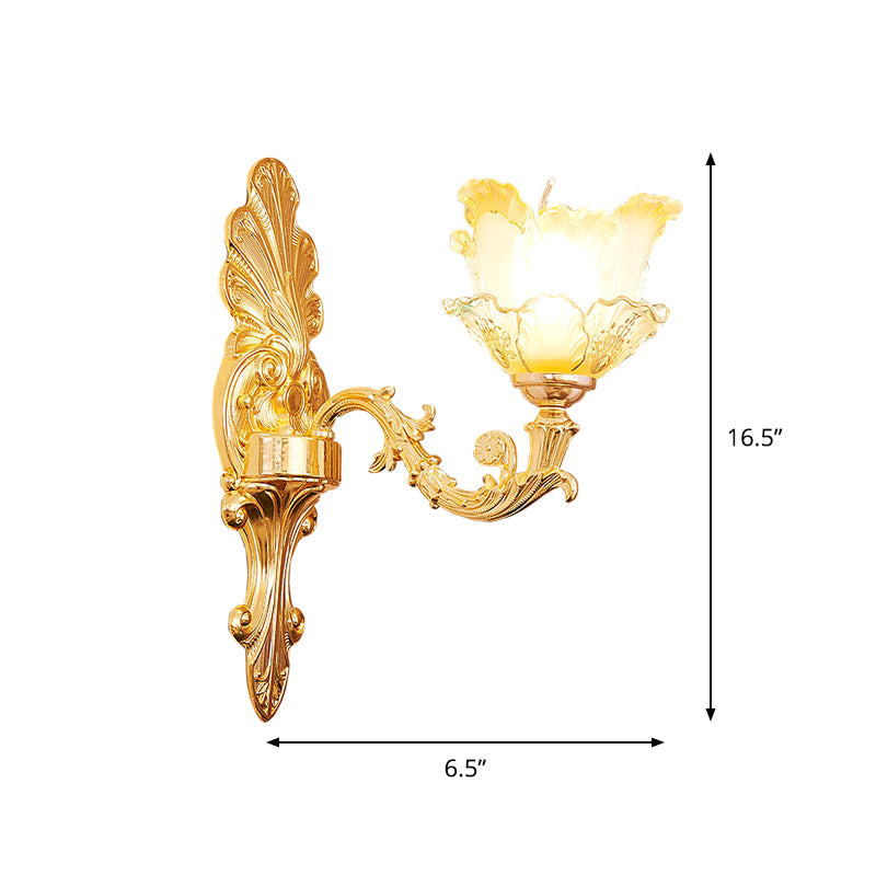 Gold 1/2-Head Wall Sconce Light Traditional Ruffle Glass Flower Wall Mounted Lighting with Curvy Arm Clearhalo 'Wall Lamps & Sconces' 'Wall Lights' Lighting' 1688499