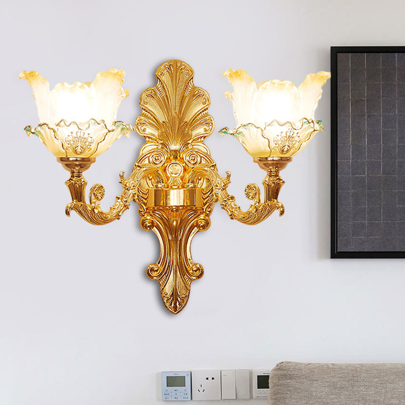 Gold 1/2-Head Wall Sconce Light Traditional Ruffle Glass Flower Wall Mounted Lighting with Curvy Arm 2.0 Gold Clearhalo 'Wall Lamps & Sconces' 'Wall Lights' Lighting' 1688500