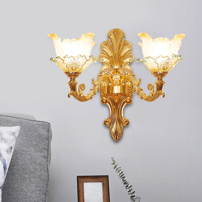 Gold 1/2-Head Wall Sconce Light Traditional Ruffle Glass Flower Wall Mounted Lighting with Curvy Arm Clearhalo 'Wall Lamps & Sconces' 'Wall Lights' Lighting' 1688501