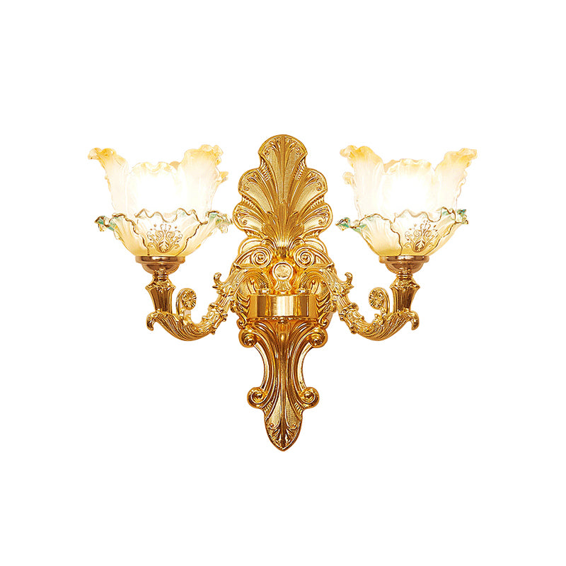 Gold 1/2-Head Wall Sconce Light Traditional Ruffle Glass Flower Wall Mounted Lighting with Curvy Arm Clearhalo 'Wall Lamps & Sconces' 'Wall Lights' Lighting' 1688503