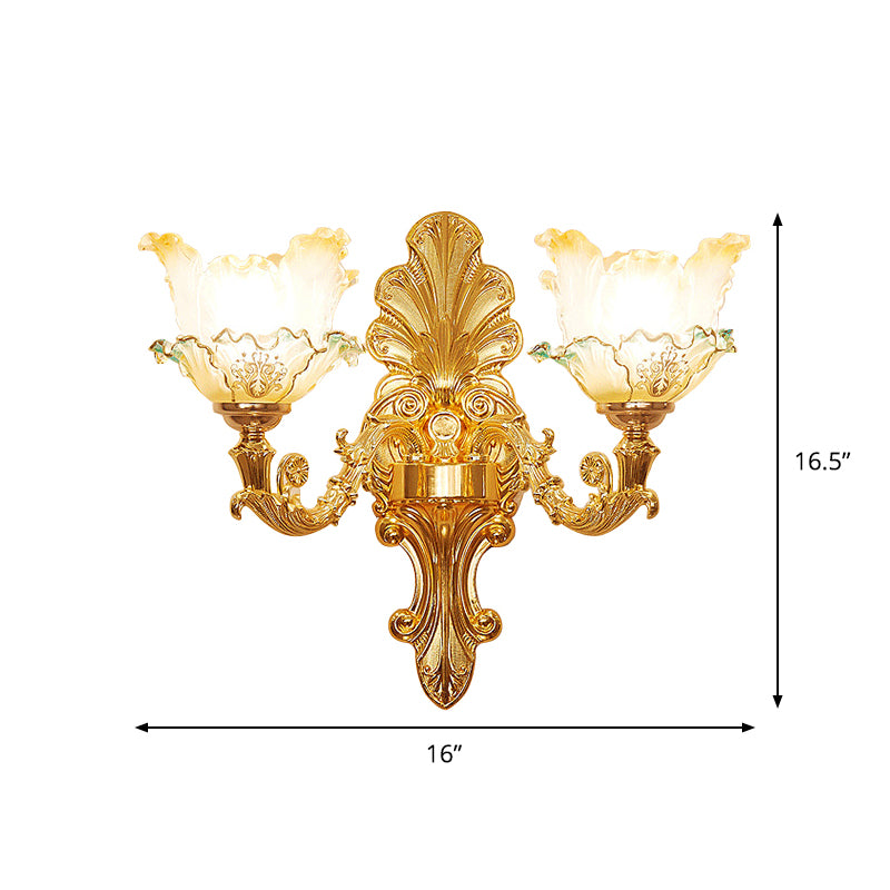 Gold 1/2-Head Wall Sconce Light Traditional Ruffle Glass Flower Wall Mounted Lighting with Curvy Arm Clearhalo 'Wall Lamps & Sconces' 'Wall Lights' Lighting' 1688504