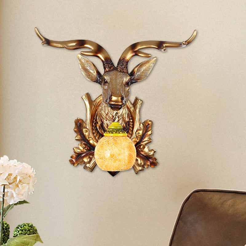 Traditional Bubble Sconce Light 1-Head Amber Crackle Glass Wall Mounted Lamp with Sika Deer and Bloom Decor in Gold Gold Clearhalo 'Wall Lamps & Sconces' 'Wall Lights' Lighting' 1688505