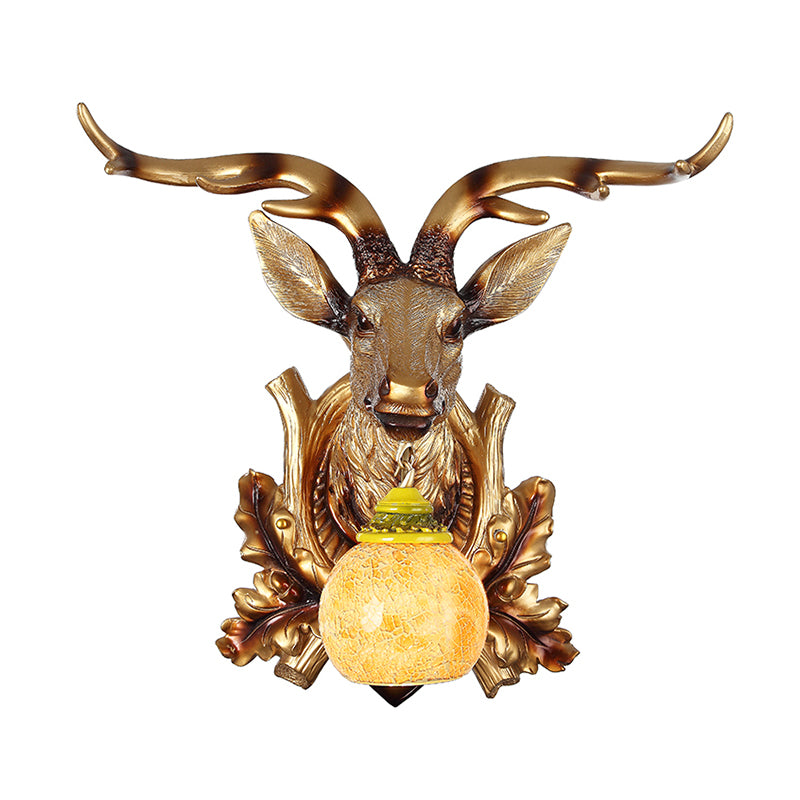 Traditional Bubble Sconce Light 1-Head Amber Crackle Glass Wall Mounted Lamp with Sika Deer and Bloom Decor in Gold Clearhalo 'Wall Lamps & Sconces' 'Wall Lights' Lighting' 1688507