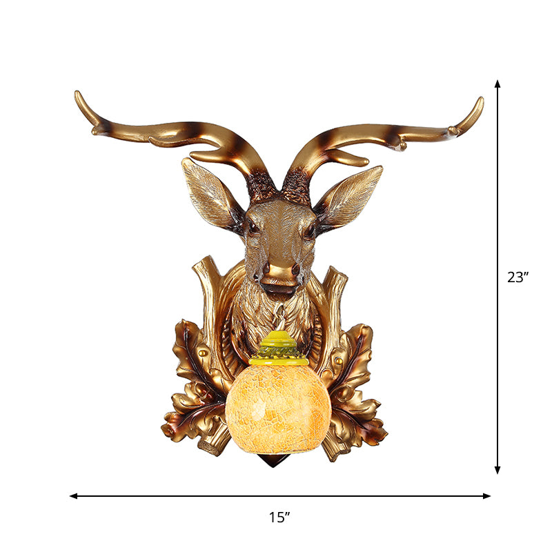 Traditional Bubble Sconce Light 1-Head Amber Crackle Glass Wall Mounted Lamp with Sika Deer and Bloom Decor in Gold Clearhalo 'Wall Lamps & Sconces' 'Wall Lights' Lighting' 1688508