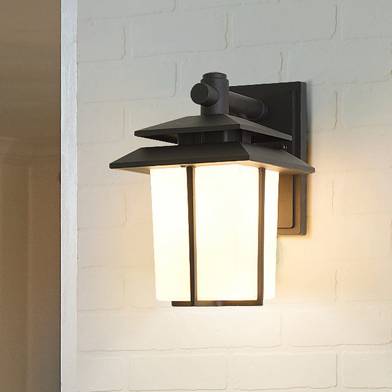 Traditional Trapezoid Wall Lamp 1 Light 7.5"/10" Wide Opaque Glass Wall Mounted Lighting in Black/Brass Black Clearhalo 'Art deco wall lights' 'Cast Iron' 'Glass' 'Industrial wall lights' 'Industrial' 'Middle century wall lights' 'Modern' 'Rustic wall lights' 'Tiffany' 'Traditional wall lights' 'Wall Lamps & Sconces' 'Wall Lights' Lighting' 1688518