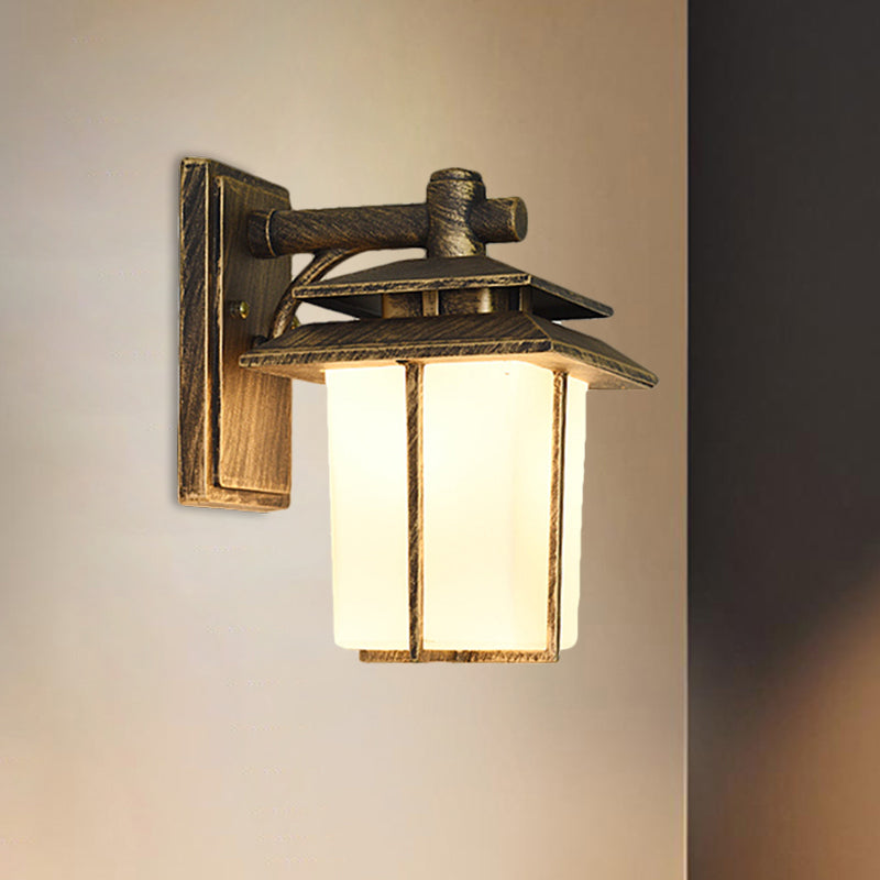 Traditional Trapezoid Wall Lamp 1 Light 7.5"/10" Wide Opaque Glass Wall Mounted Lighting in Black/Brass Brass Clearhalo 'Art deco wall lights' 'Cast Iron' 'Glass' 'Industrial wall lights' 'Industrial' 'Middle century wall lights' 'Modern' 'Rustic wall lights' 'Tiffany' 'Traditional wall lights' 'Wall Lamps & Sconces' 'Wall Lights' Lighting' 1688523