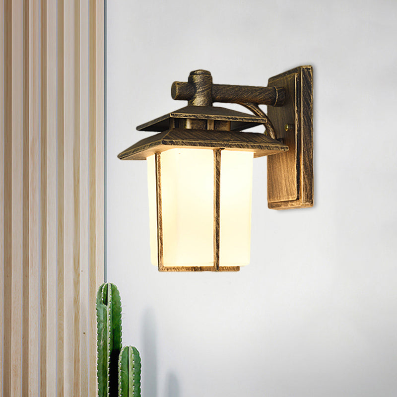 Traditional Trapezoid Wall Lamp 1 Light 7.5"/10" Wide Opaque Glass Wall Mounted Lighting in Black/Brass Clearhalo 'Art deco wall lights' 'Cast Iron' 'Glass' 'Industrial wall lights' 'Industrial' 'Middle century wall lights' 'Modern' 'Rustic wall lights' 'Tiffany' 'Traditional wall lights' 'Wall Lamps & Sconces' 'Wall Lights' Lighting' 1688524