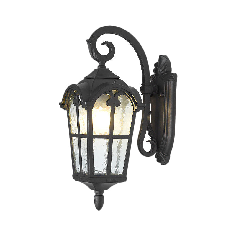 10"/14" W 1 Light Water Glass Wall Lamp Farmhouse Black/Brass Lantern Doorway Wall Lighting with Curvy Arm Clearhalo 'Art deco wall lights' 'Cast Iron' 'Glass' 'Industrial wall lights' 'Industrial' 'Middle century wall lights' 'Modern' 'Rustic wall lights' 'Tiffany' 'Traditional wall lights' 'Wall Lamps & Sconces' 'Wall Lights' Lighting' 1688531