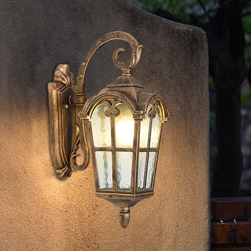 10"/14" W 1 Light Water Glass Wall Lamp Farmhouse Black/Brass Lantern Doorway Wall Lighting with Curvy Arm Brass Clearhalo 'Art deco wall lights' 'Cast Iron' 'Glass' 'Industrial wall lights' 'Industrial' 'Middle century wall lights' 'Modern' 'Rustic wall lights' 'Tiffany' 'Traditional wall lights' 'Wall Lamps & Sconces' 'Wall Lights' Lighting' 1688534