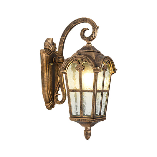 10"/14" W 1 Light Water Glass Wall Lamp Farmhouse Black/Brass Lantern Doorway Wall Lighting with Curvy Arm Clearhalo 'Art deco wall lights' 'Cast Iron' 'Glass' 'Industrial wall lights' 'Industrial' 'Middle century wall lights' 'Modern' 'Rustic wall lights' 'Tiffany' 'Traditional wall lights' 'Wall Lamps & Sconces' 'Wall Lights' Lighting' 1688537