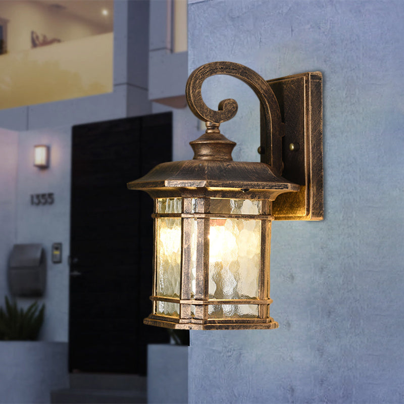 Water Glass Lantern Wall Mount Light Rustic Style 8.5"/10.5" Width 1 Bulb Doorway Wall Lamp in Black/Brass Clearhalo 'Art deco wall lights' 'Cast Iron' 'Glass' 'Industrial wall lights' 'Industrial' 'Middle century wall lights' 'Modern' 'Rustic wall lights' 'Tiffany' 'Traditional wall lights' 'Wall Lamps & Sconces' 'Wall Lights' Lighting' 1688561