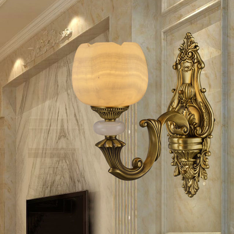 1-Head Flower Wall Mount Lighting Rustic Brass Finish Marble Wall Sconce with Arched Arm Brass A Clearhalo 'Wall Lamps & Sconces' 'Wall Lights' Lighting' 1688585