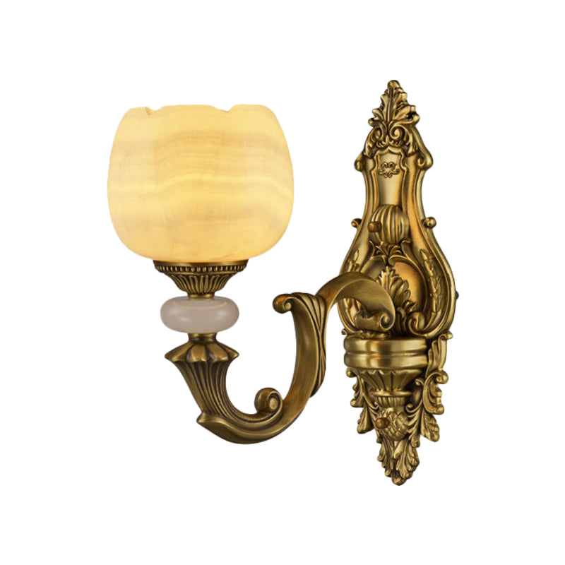 1-Head Flower Wall Mount Lighting Rustic Brass Finish Marble Wall Sconce with Arched Arm Clearhalo 'Wall Lamps & Sconces' 'Wall Lights' Lighting' 1688587