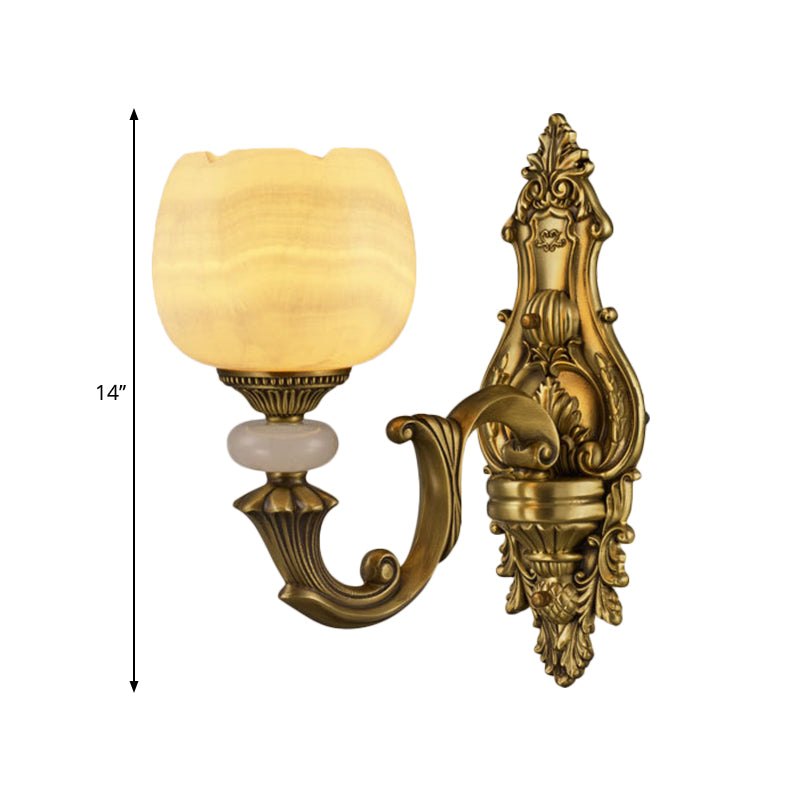 1-Head Flower Wall Mount Lighting Rustic Brass Finish Marble Wall Sconce with Arched Arm Clearhalo 'Wall Lamps & Sconces' 'Wall Lights' Lighting' 1688588