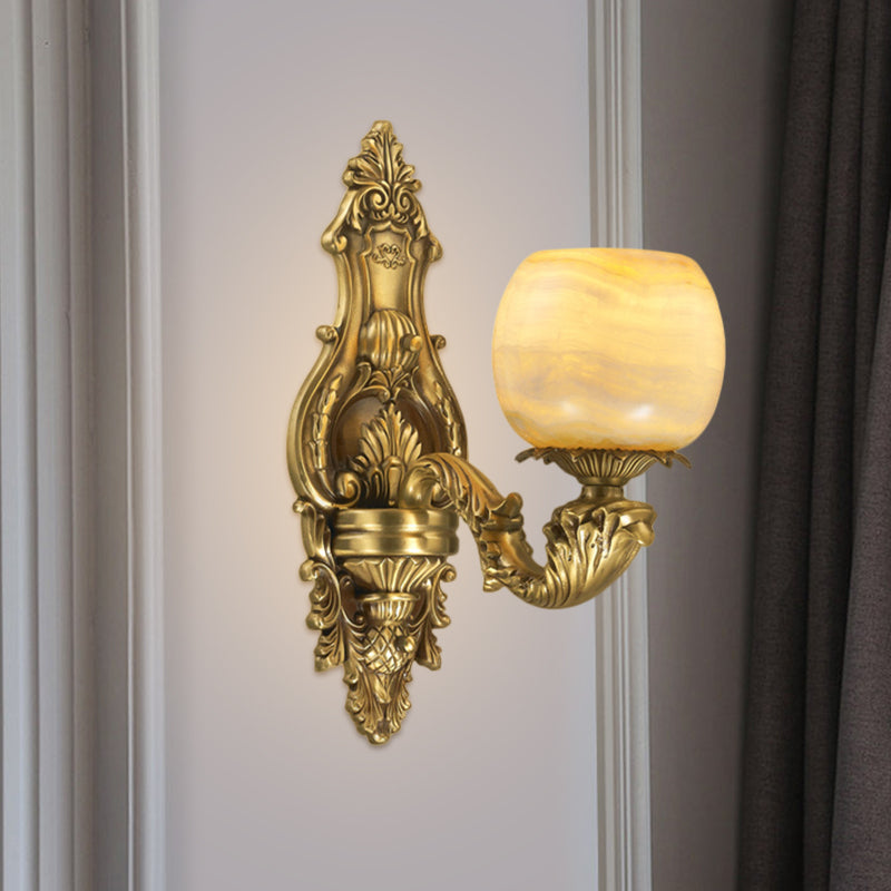 1-Head Flower Wall Mount Lighting Rustic Brass Finish Marble Wall Sconce with Arched Arm Brass B Clearhalo 'Wall Lamps & Sconces' 'Wall Lights' Lighting' 1688589