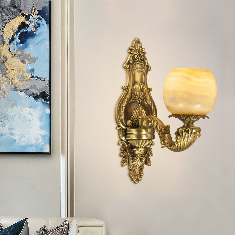 1-Head Flower Wall Mount Lighting Rustic Brass Finish Marble Wall Sconce with Arched Arm Clearhalo 'Wall Lamps & Sconces' 'Wall Lights' Lighting' 1688590