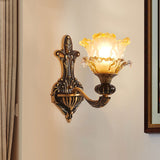 1/2-Head Wall Lamp Rural Curvy Metallic Wall Lighting Ideas in Brass with Flower Amber Glass Shade Clearhalo 'Wall Lamps & Sconces' 'Wall Lights' Lighting' 1688595