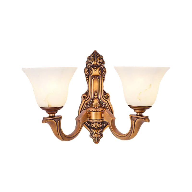 2 Lights Sconce Light Rustic Bedroom Wall Lamp with Bell Frosted Glass Shade in Brass Clearhalo 'Wall Lamps & Sconces' 'Wall Lights' Lighting' 1688609