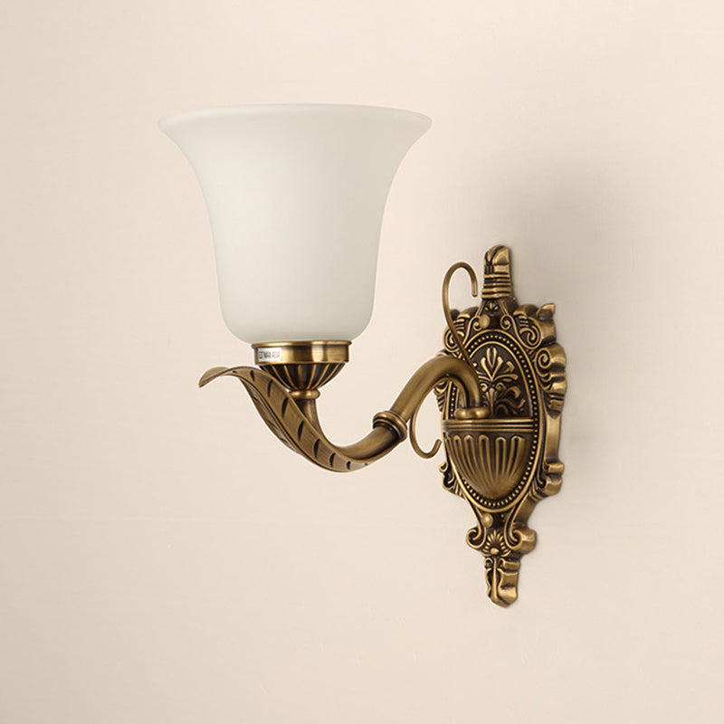 Opal Glass Brass Wall Mount Light Bell Shade 1 Light Traditional Style Wall Lighting Ideas with Carved Backplate Clearhalo 'Wall Lamps & Sconces' 'Wall Lights' Lighting' 1688612