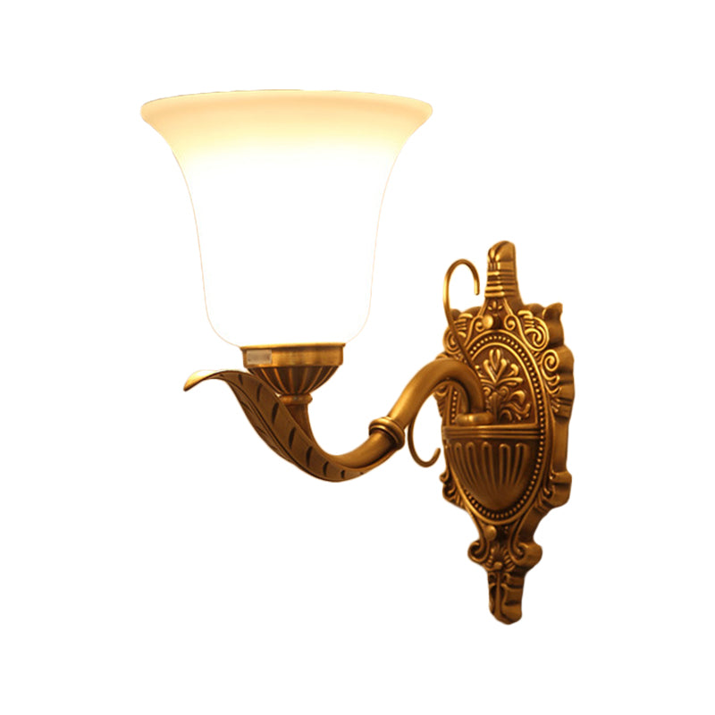 Opal Glass Brass Wall Mount Light Bell Shade 1 Light Traditional Style Wall Lighting Ideas with Carved Backplate Clearhalo 'Wall Lamps & Sconces' 'Wall Lights' Lighting' 1688613