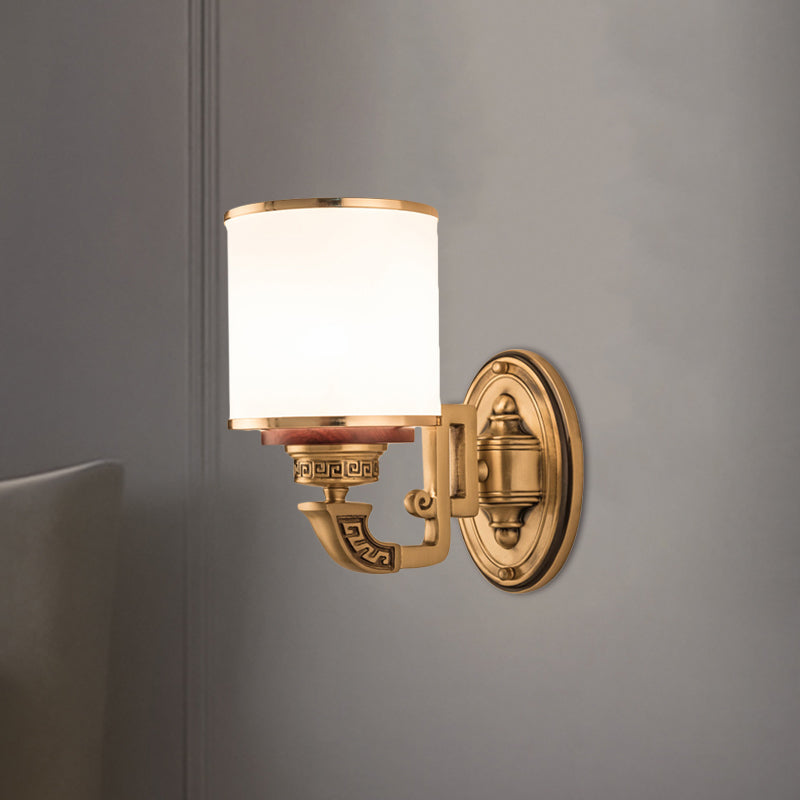 Brass Finish Cylinder Wall Light Sconce Rural White Glass 1 Light Living Room Wall Mounted Lamp Clearhalo 'Wall Lamps & Sconces' 'Wall Lights' Lighting' 1688616