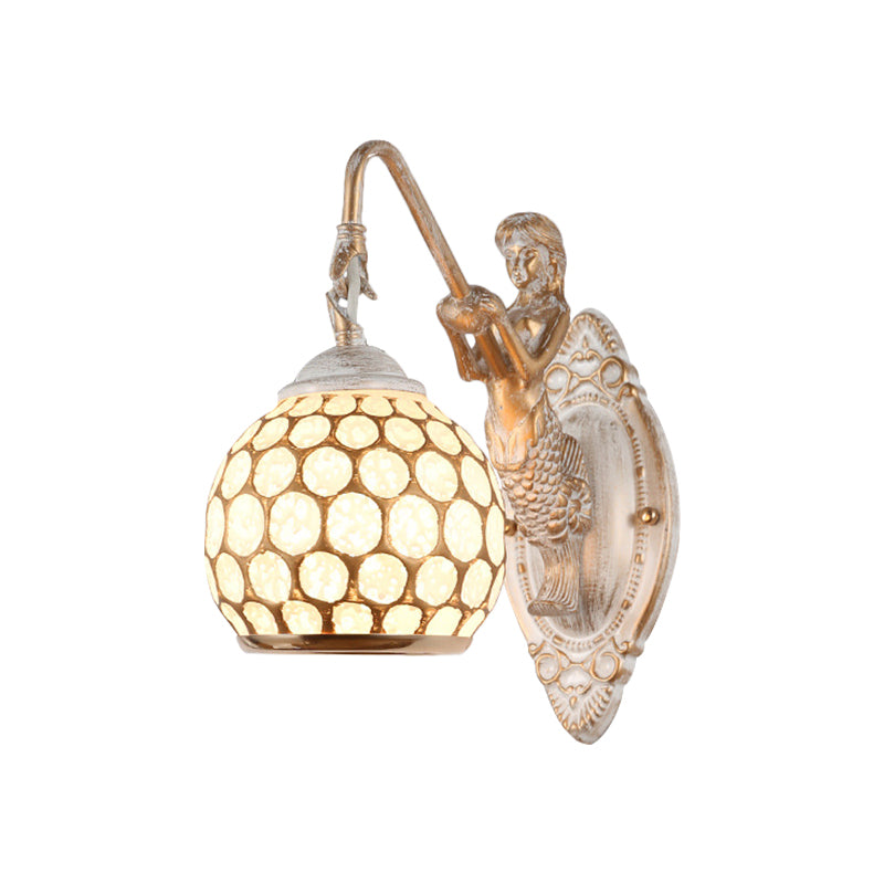 Sphere Bedroom Wall Lighting Ideas Traditional Style Metal 1 Head White Wall Sconce Light with Resin Mermaid Backplate Clearhalo 'Wall Lamps & Sconces' 'Wall Lights' Lighting' 1688621