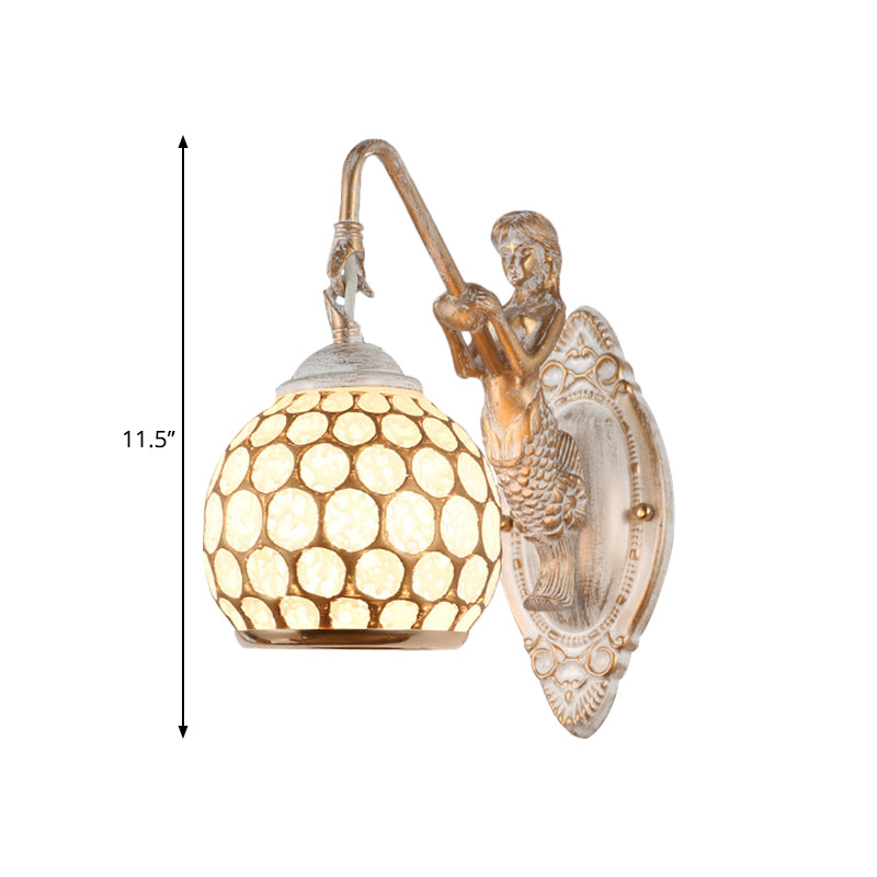 Sphere Bedroom Wall Lighting Ideas Traditional Style Metal 1 Head White Wall Sconce Light with Resin Mermaid Backplate Clearhalo 'Wall Lamps & Sconces' 'Wall Lights' Lighting' 1688622