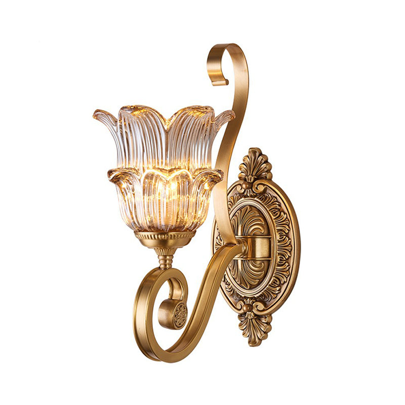 Brass 1/2-Bulb Wall Lighting Fixture Countryside Crystal Glass Flower Wall Light Sconce with Swooping Arm Clearhalo 'Wall Lamps & Sconces' 'Wall Lights' Lighting' 1688625