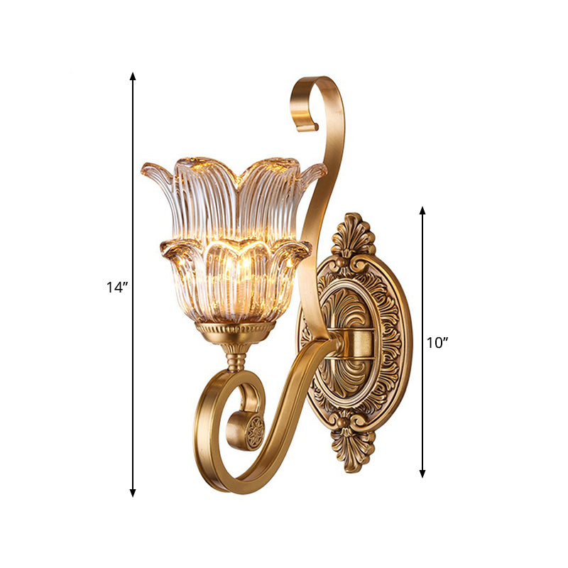 Brass 1/2-Bulb Wall Lighting Fixture Countryside Crystal Glass Flower Wall Light Sconce with Swooping Arm Clearhalo 'Wall Lamps & Sconces' 'Wall Lights' Lighting' 1688626