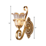 Brass 1/2-Bulb Wall Lighting Fixture Countryside Crystal Glass Flower Wall Light Sconce with Swooping Arm Clearhalo 'Wall Lamps & Sconces' 'Wall Lights' Lighting' 1688626