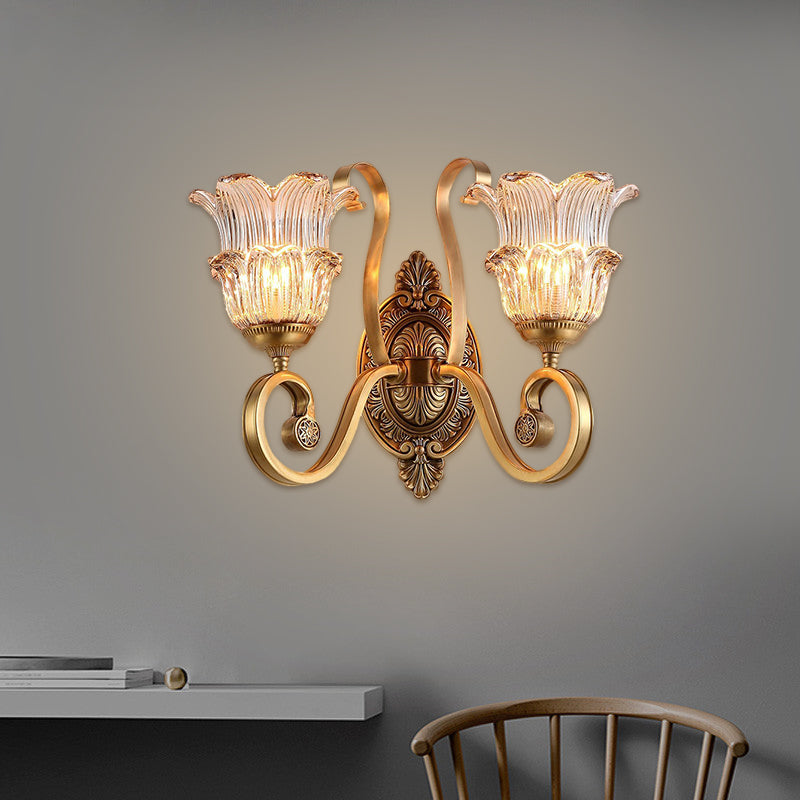 Brass 1/2-Bulb Wall Lighting Fixture Countryside Crystal Glass Flower Wall Light Sconce with Swooping Arm 2.0 Brass Clearhalo 'Wall Lamps & Sconces' 'Wall Lights' Lighting' 1688627