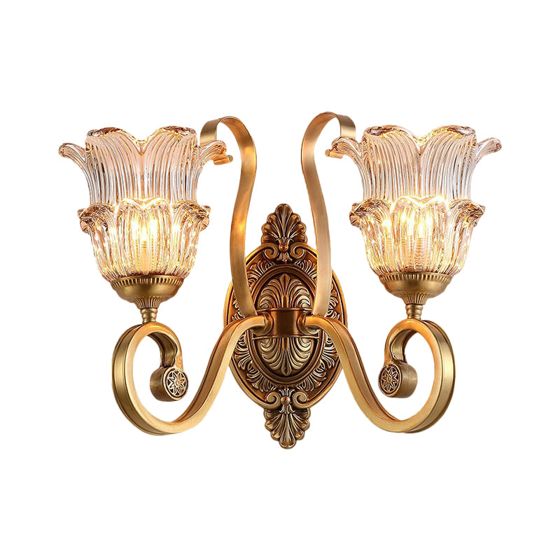 Brass 1/2-Bulb Wall Lighting Fixture Countryside Crystal Glass Flower Wall Light Sconce with Swooping Arm Clearhalo 'Wall Lamps & Sconces' 'Wall Lights' Lighting' 1688630