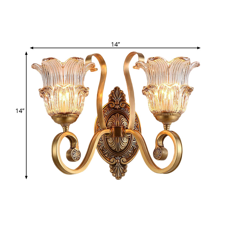 Brass 1/2-Bulb Wall Lighting Fixture Countryside Crystal Glass Flower Wall Light Sconce with Swooping Arm Clearhalo 'Wall Lamps & Sconces' 'Wall Lights' Lighting' 1688631