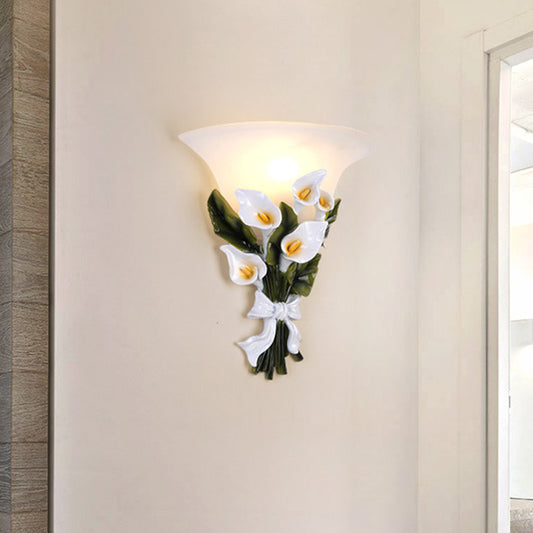 Classic Flower Wall Light Fixture 1 Bulb Resin Flush Mount Wall Sconce with Bell White Glass Shade Clearhalo 'Wall Lamps & Sconces' 'Wall Lights' Lighting' 1688658