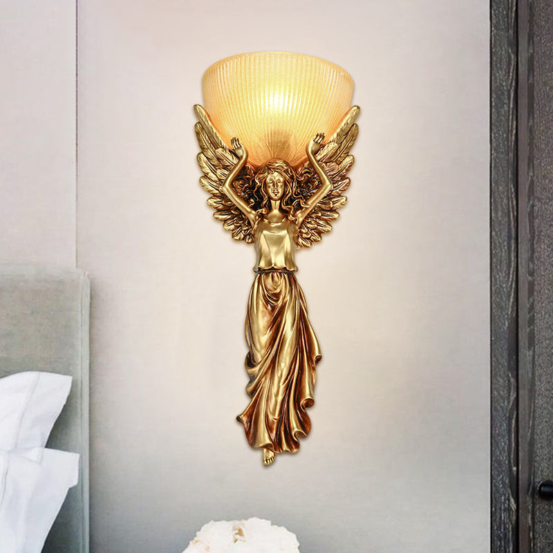 Half Shade Living Room Wall Lamp Traditional Frosted Ribbed Glass 1 Head White/Gold/White and Gold Wall Mounted Lighting Clearhalo 'Wall Lamps & Sconces' 'Wall Lights' Lighting' 1688662