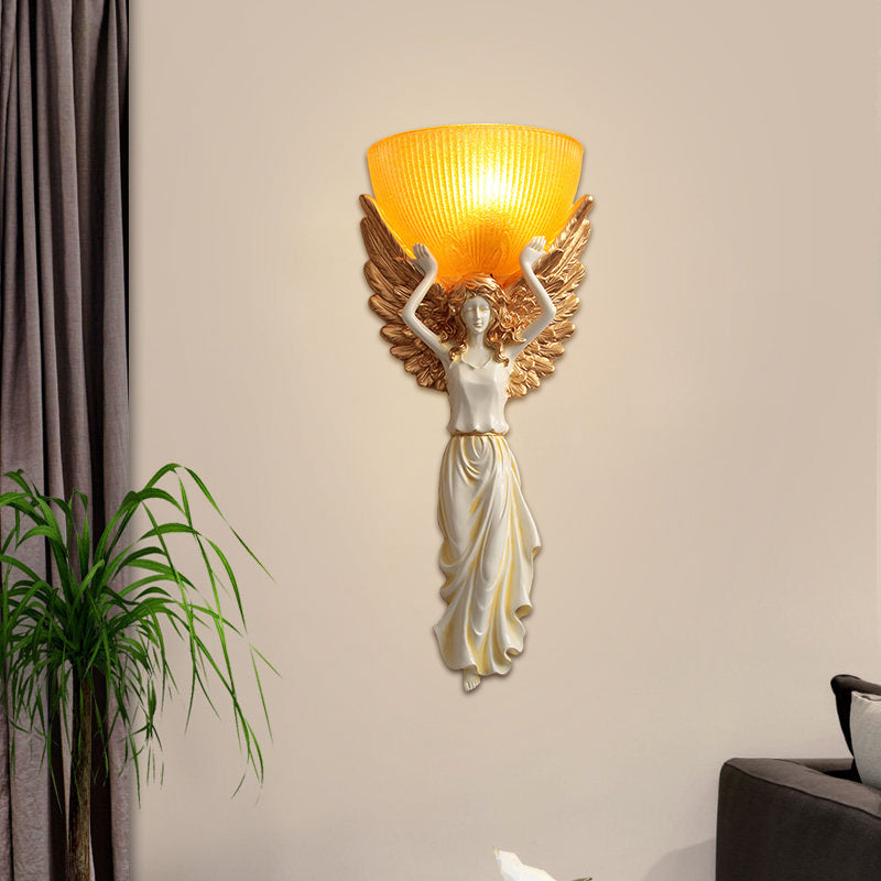 Half Shade Living Room Wall Lamp Traditional Frosted Ribbed Glass 1 Head White/Gold/White and Gold Wall Mounted Lighting Clearhalo 'Wall Lamps & Sconces' 'Wall Lights' Lighting' 1688666