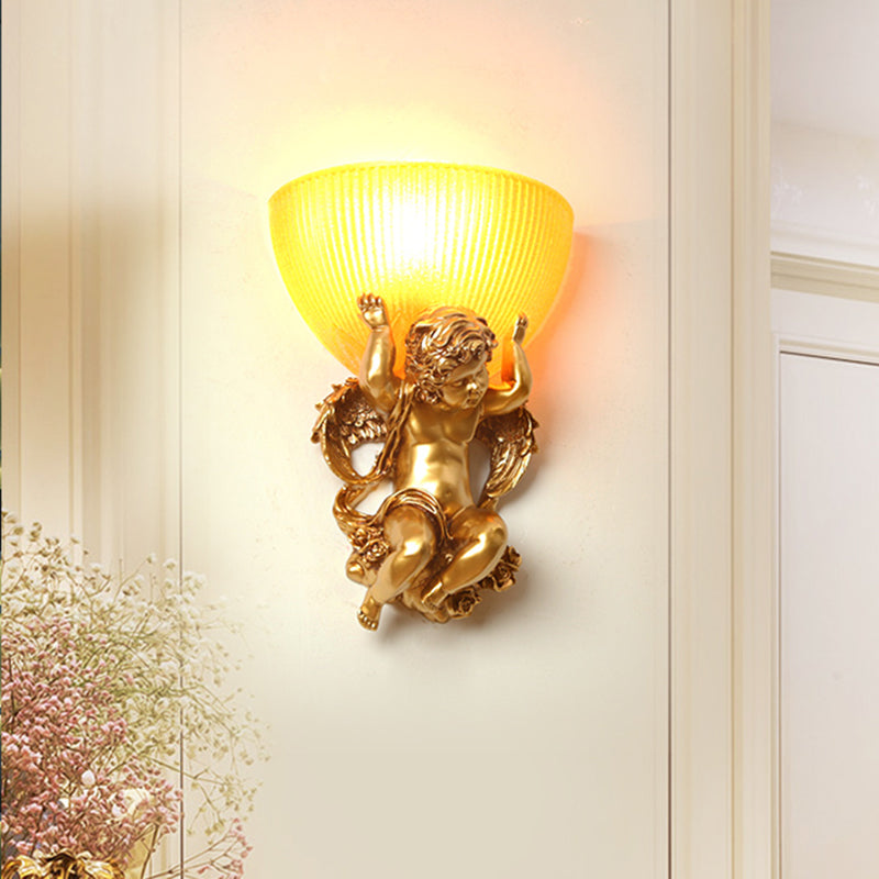 Resin White/Gold Wall Lighting Fixture Angel 1-Head Countryside Wall Light Sconce with Half-Bowl Frosted Ribbed Glass Shade Gold Clearhalo 'Wall Lamps & Sconces' 'Wall Lights' Lighting' 1688673