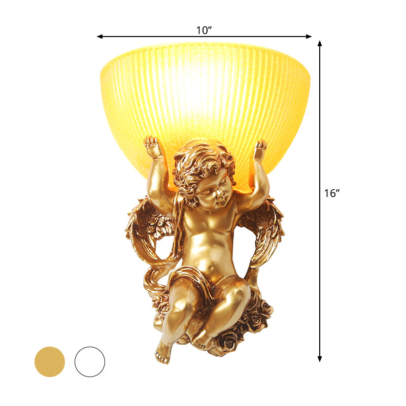 Resin White/Gold Wall Lighting Fixture Angel 1-Head Countryside Wall Light Sconce with Half-Bowl Frosted Ribbed Glass Shade Clearhalo 'Wall Lamps & Sconces' 'Wall Lights' Lighting' 1688676