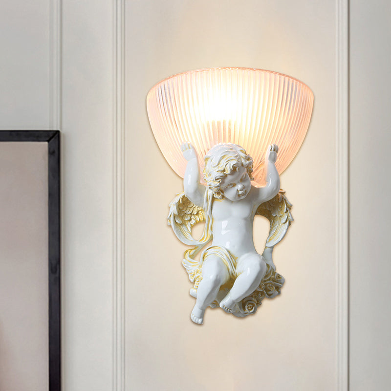 Resin White/Gold Wall Lighting Fixture Angel 1-Head Countryside Wall Light Sconce with Half-Bowl Frosted Ribbed Glass Shade White Clearhalo 'Wall Lamps & Sconces' 'Wall Lights' Lighting' 1688677